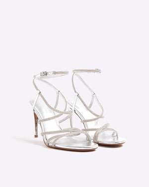River Island Womens Sandals Silver Diamante Strap Heeled Buckle