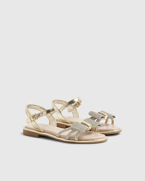 River Island Girls Sandals Gold Diamante Strappy Bow Shoes