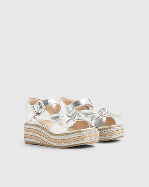 River Island Girls Sandals Silver Metallic Bow Wedge Buckle Shoes