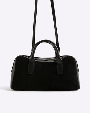 River Island Womens Bowler Bag Black Faux Suede Curved Top Zip