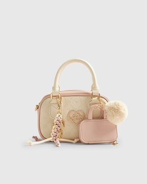 River Island Girls Bowler Bag Cream Monogram Charm Mini Zipped