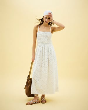 River Island Womens Maxi Dress White Broderie Shirred Sleeveless