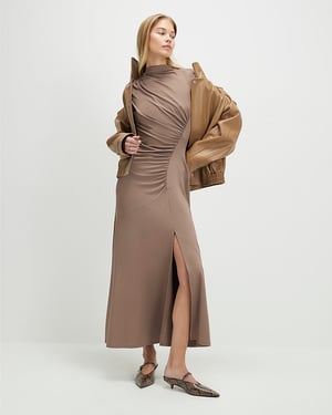 River Island Womens Maxi Dress Beige Short Sleeve High Neck