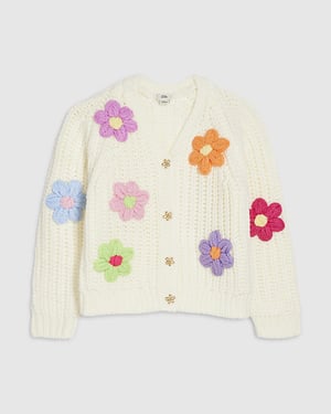 River Island Girls Cardigan Cream Knitted Flower Floral