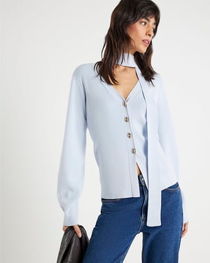 River Island Womens Cardigan Blue Knitted Tie Neck V-Neck