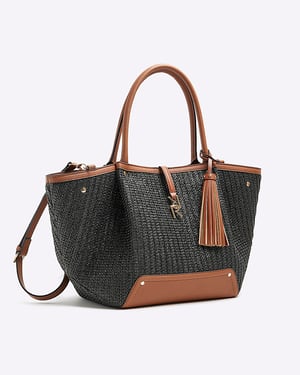 River Island Womens Tote Bag Black Raffia Large Popper