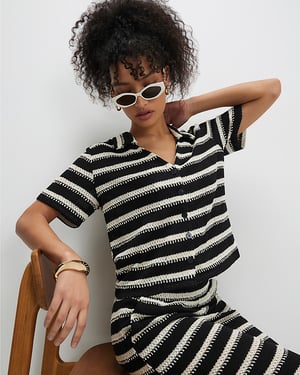 River Island Womens Shirt Black Short Sleeve Striped Crochet