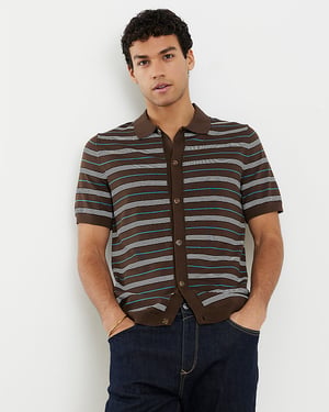 River Island Mens Shirt Brown Short Sleeve Knitted Stripe Striped