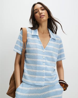 River Island Womens Shirt Blue Short Sleeve Striped Crochet