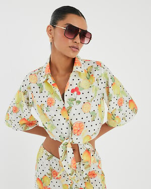 River Island Womens Shirt White Fruit Polka Dot Print Beach Button