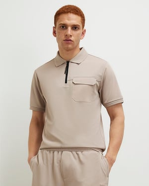 River Island Mens Polo Shirt Cream Slim Fit Nylon Pocket Collared