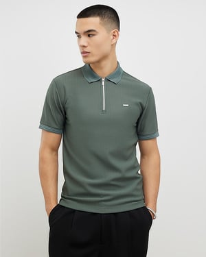River Island Mens Polo Shirt Khaki Muscle Fit Textured Zip Zipped