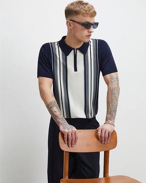 River Island Mens Polo Shirt Navy Slim Fit Stripe Colour Block