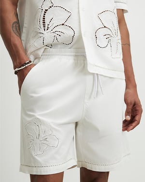 River Island Mens Shorts White Embroidered Elasticated