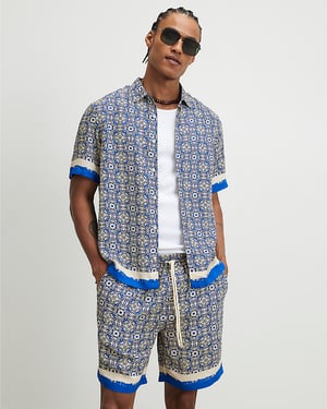 River Island Mens Shorts Blue Tile Print Drawstring Del Maar
