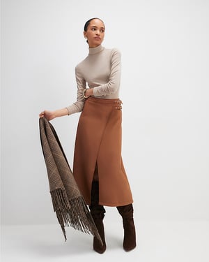 River Island Womens Wrap Midi Skirt Brown Faux Suede Buckle