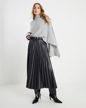 River Island Womens Midi Skirt Black Faux Leather Belted Pleated