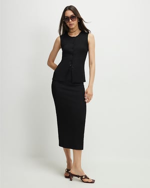 River Island Womens Midi Skirt Black Textured Elasticated Waist