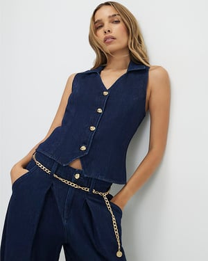 River Island Womens Waistcoat Blue Collared Denim Button