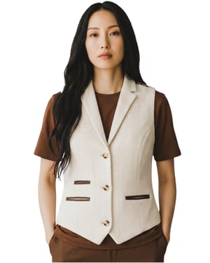 Dames crèmekleurige visgraatwollen wollen tweed geruite op maat gemaakte gilet - WS-1