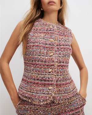 River Island Womens Waistcoat Red Boucle Sleeveless Fringed