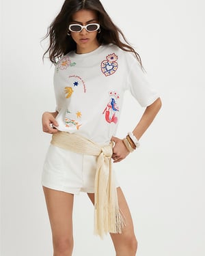 River Island Womens T-Shirt White Cotton Embellished Quirky Boxy