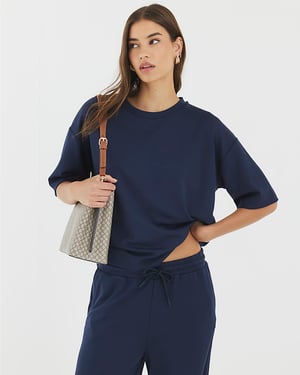 River Island Womens T-Shirt Navy Premium Short Sleeve Boxy