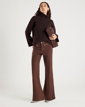River Island Womens Flared Jeans Brown Zip Front Relaxed