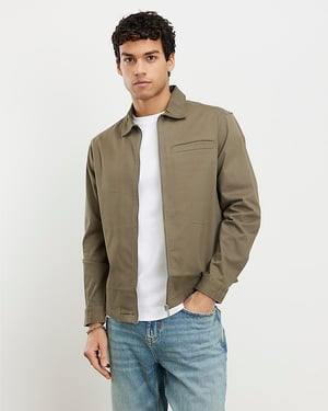 River Island Mens Overshirt Khaki Regular Fit Curved Hem Zip