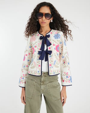 River Island Womens Jacket Cream Floral Embroidered Tie Front