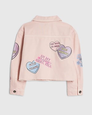 River Island Girls Jacket Denim Pink Love Heart Graphic