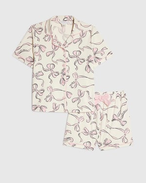 River Island Girls Pyjama Set Cream Bow Print Short Sleeve 2 Piece