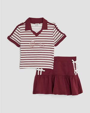 River Island Girls Polo Top & Skirt Set Red Stripe 2 Piece