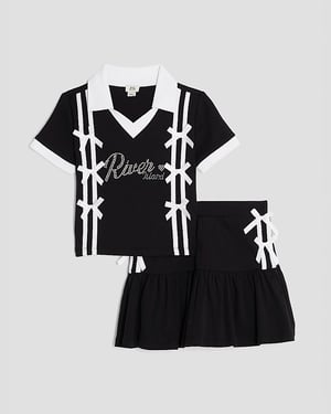 River Island Girls Polo Shirt & Skirt Set Black Bow Collared 2 Piece