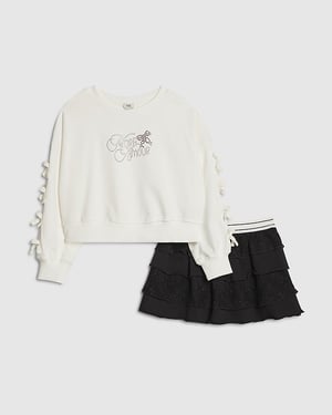 River Island Girls Sweatshirt & Skirt Set Black Bow Graphic 2 Piece