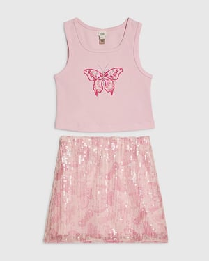 River Island Girls Tank Top & Skirt Set Pink Butterfly 2 Piece