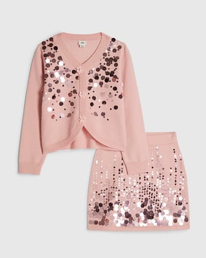 River Island Girls Cardigan & Skirt Set Pink Sequin 2 Piece