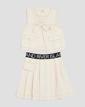 River Island Girls Gilet & Skirt Set Cream Round Neck 2 Piece