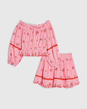 River Island Girls Top & Skirt Set Pink Embroidered Mirror 2 Piece