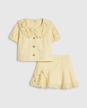 River Island Girls Shirt & Skirt Set Yellow Floral Pearl 2 Piece