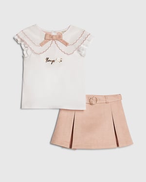 River Island Mini Girls Top & Skort Set Pink Faux Suede 2 Piece