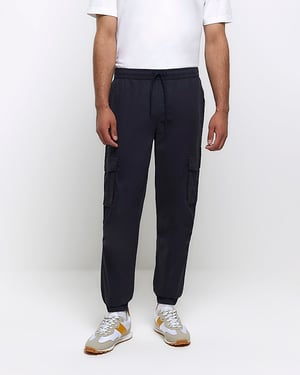 River Island Mens Cargo Joggers Washed Navy Slim Fit