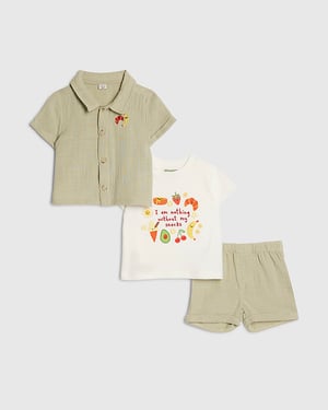 River Island Baby Boys T-Shirt Set Green Snacks 3 Piece Shirt Shorts