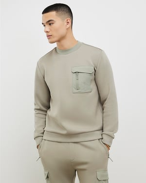 River Island Mens Sweatshirt Khaki Slim Fit Nylon Pocket