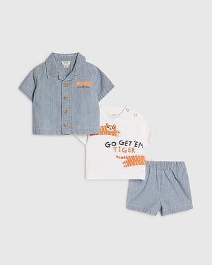 River Island Baby Boys Shirt Set Blue Stripe T-Shirt Shorts 3 Piece