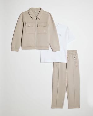 River Island Boys Jacket Set Beige Premium 3 Piece T-Shirt Joggers