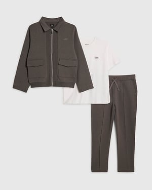 River Island Boys Jacket Set Grey Textured 3 Piece T Shirt Joggers