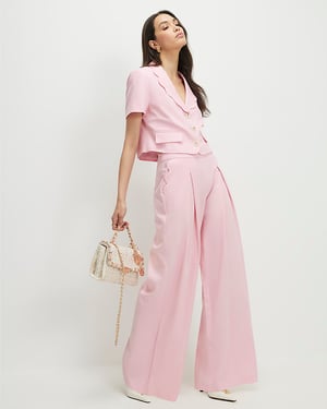 River Island Womens Wide Leg Trousers Pink Linen Blend Scalloped