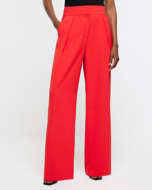 River Island Womens Wide Leg Trousers Red Pleated Button