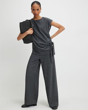 River Island Womens Wide Leg Trousers Grey Pinstripe Drawstring